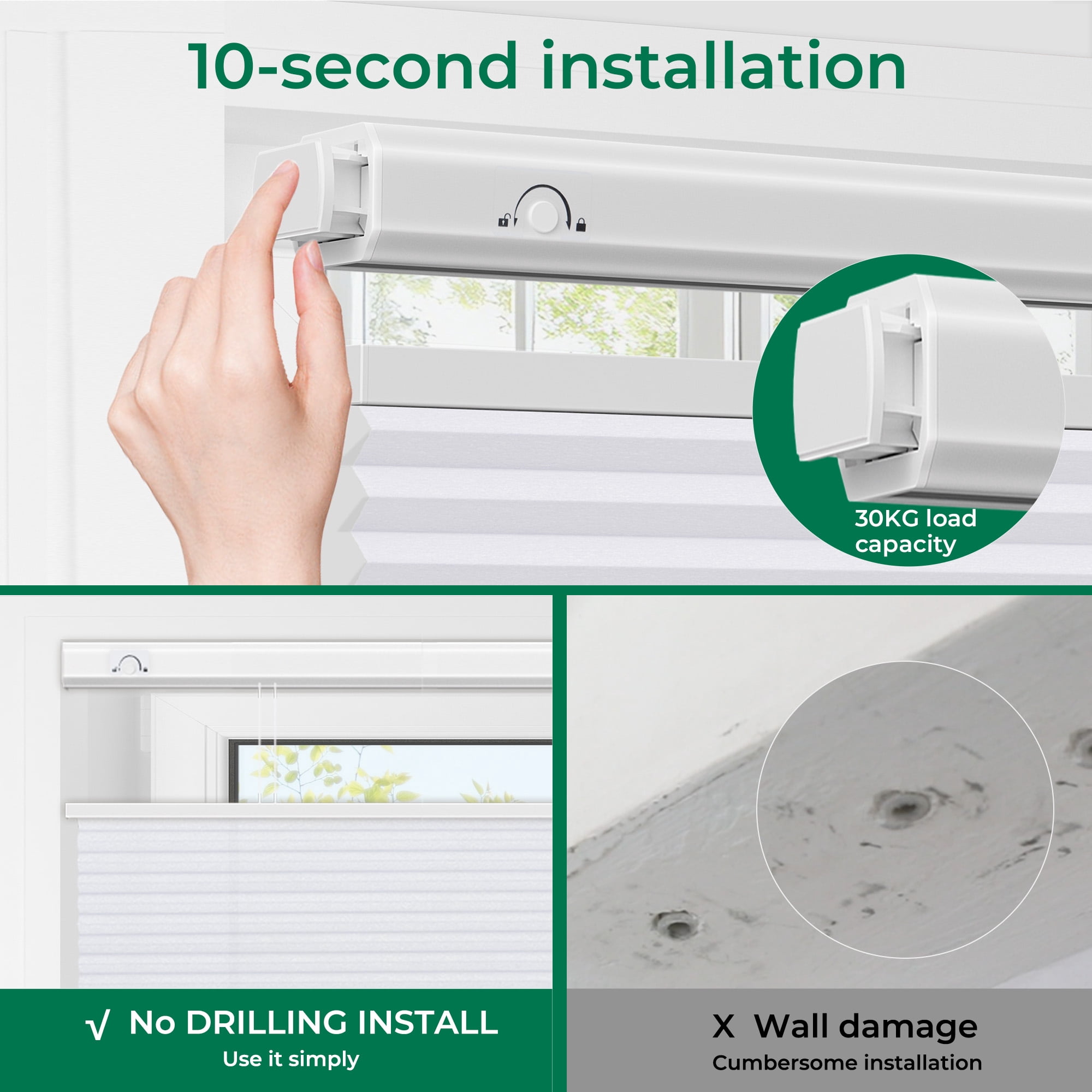 Allesin Zen No Drill No Tools Top Down Bottom Up Cellular Shades,Blackout Cordless Window Blinds for Indoor Windows,Easy to Install Honeycomb Blinds,White(Light Filtering) 34" Wx64 H
