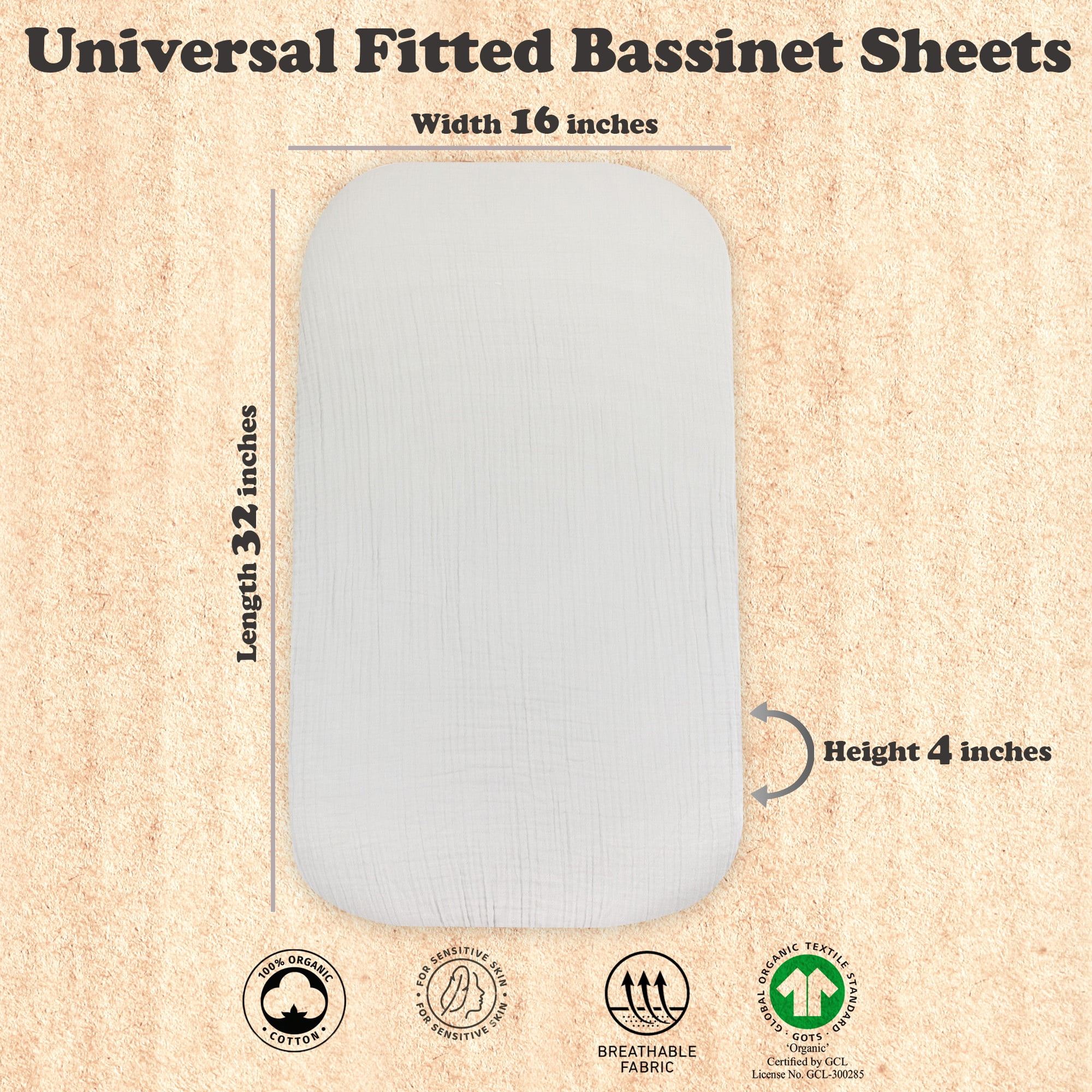 Baby Muslin Bassinet Sheet Set for Boy and Girl, 3 Pack Organic Cotton Universal Fitted Bedding Cover for Oval, Hourglass & Rectangle Bassinet Mattress, Fitted Sheets Size 32 x 16 x 4 Inches