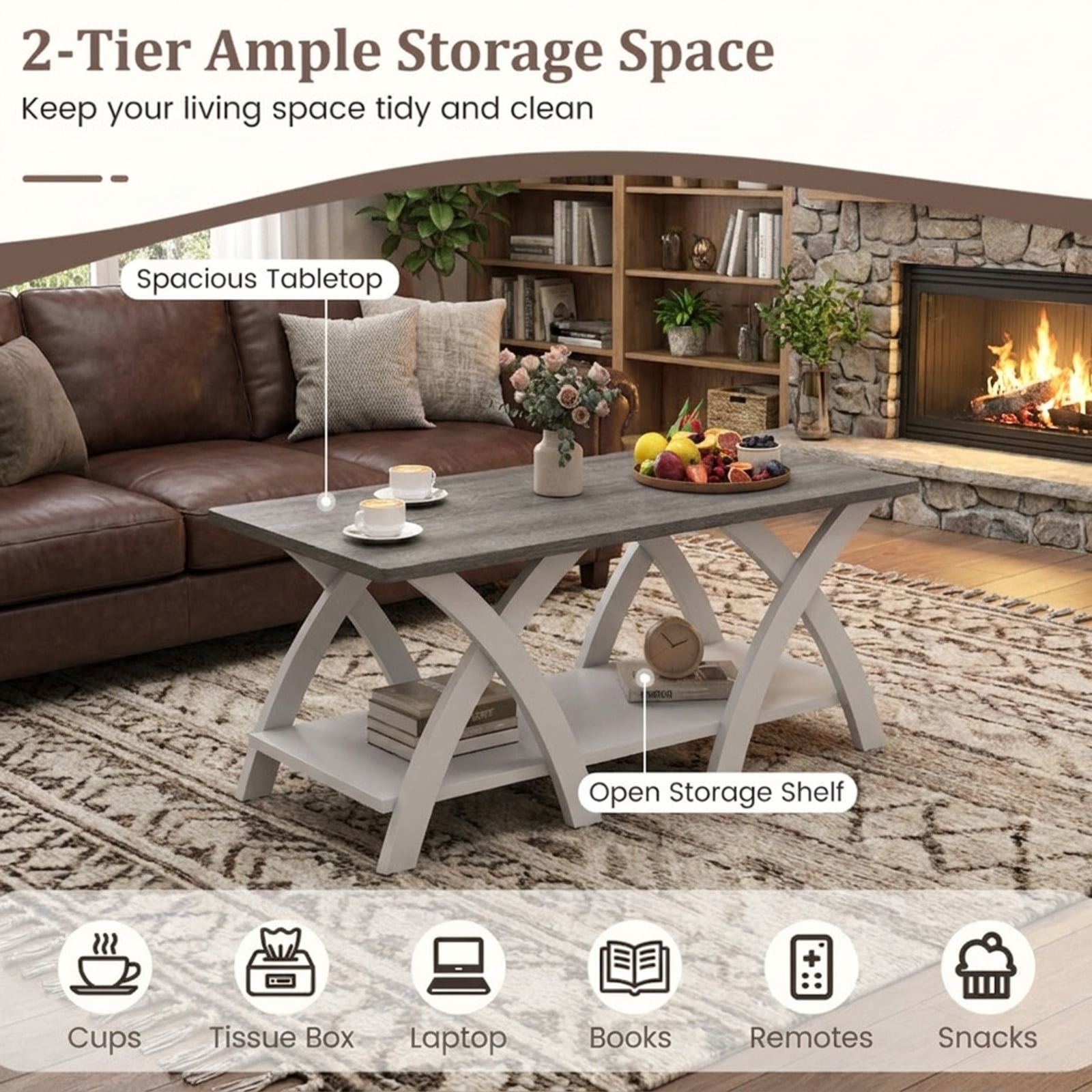 Furnibear 40 Inch Farmhouse Wooden Coffee Table with Storage Shelf with X-shaped Legs - Gray - Living Room Cocktail Center Table