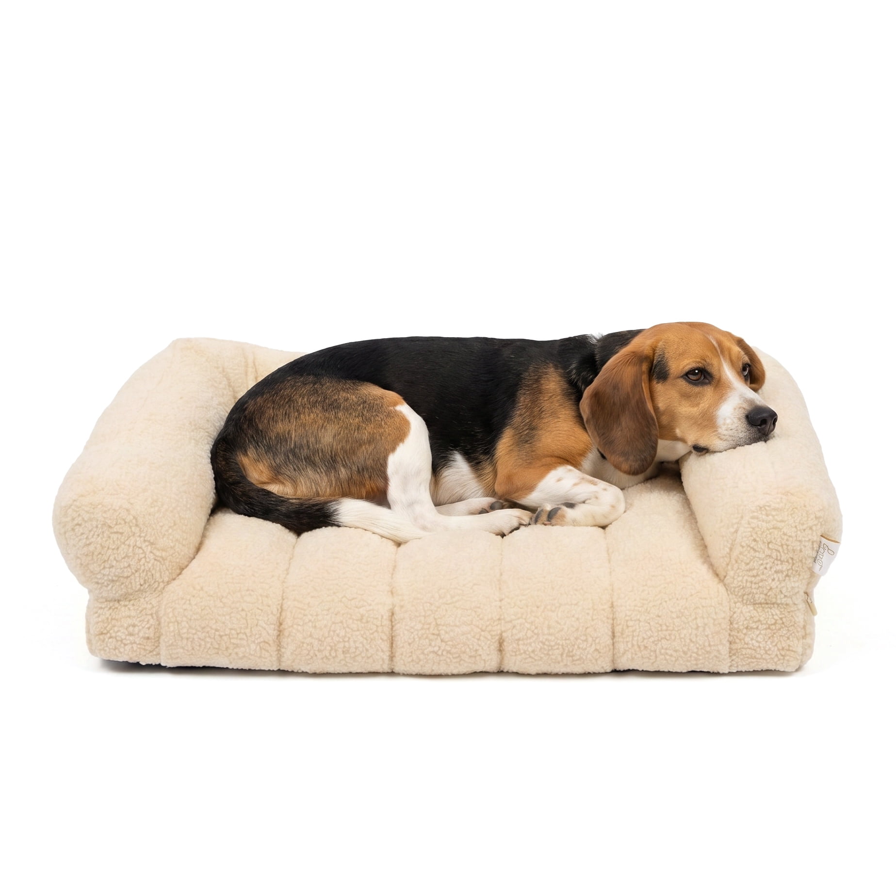 SportPet Designs Quilted Sherpa Sofa-Style Pet Bed Lounger, Tan, Medium, 30 in x 22 in x 7.5 in