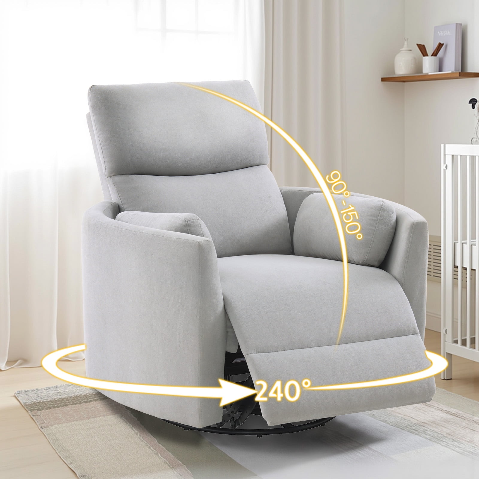 Merluxy Power Swivel Recliner Chair with USB Charging & 2 Pillows, Glider Rocker for Nursery and Living Room, Grey Fabric