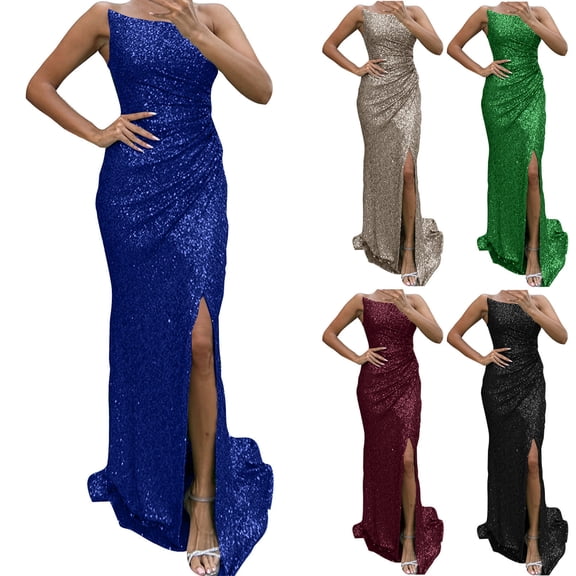 ZQUUVOU Women's Strapless Sequin Slit Gown Corset Waist Glittering Party Dress Formal Evening Special Occasion Blue