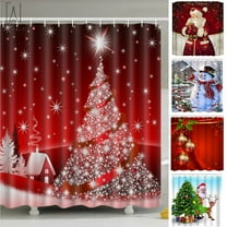 Gustave Christmas Shower Curtain, 3D Christmas Tree Decoration Shower Curtain Snowflakes Twinkle Lights Red Background Shower Curtain with 12 Hooks "Snow Christmas Tree"
