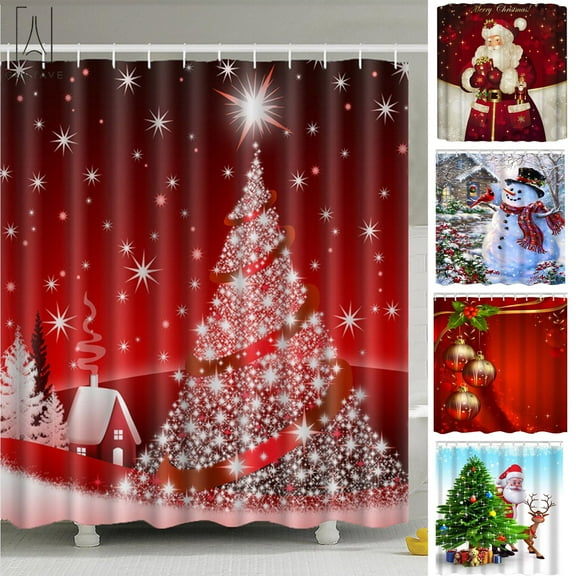 Gustave Christmas Shower Curtain, 3D Christmas Tree Decoration Shower Curtain Snowflakes Twinkle Lights Red Background Shower Curtain with 12 Hooks "Snow Christmas Tree"