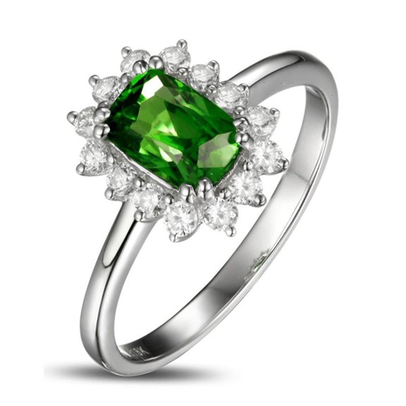 1.50 Carat Perfect Green Emerald 7x5mm Emerald Cut Moissanite Diamond Halo Engagement Ring for Women in 10k White Gold
