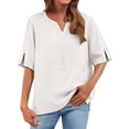 thumbnail image 2 of Womens Summer Cotton Linen Tops V Neck Short Sleeve Shirts Loose Casual Comfy Embroidered T Shirts S-4XL, 2 of 8