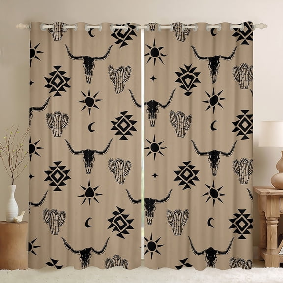 Feelyou Brown Sheep Skull Black Out Curtains for Men, Vintage Western Aztec Curtains Pack of 2 (42x63 Each), Hippie Bohemian Style Bedroom Curtains, Living Room Curtains Decor