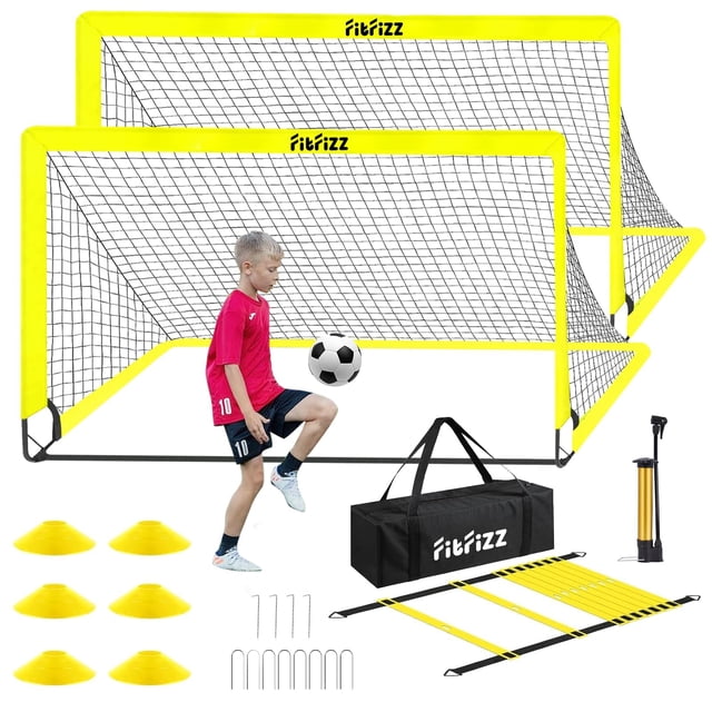 Portería de fútbol FITFIZZ portátil de 6 x 4 pies con pelota, escalera y conos