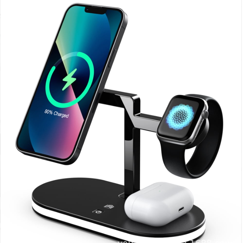 4 in 1 Aluminum Alloy Magnetic Wireless Charger Stand for Charger Stand Sdxps Fast Wireless Charging Station for iPhone 15 14 13/12 Series Apple Watch Airpods with LED Lamp 18W Adapter Black