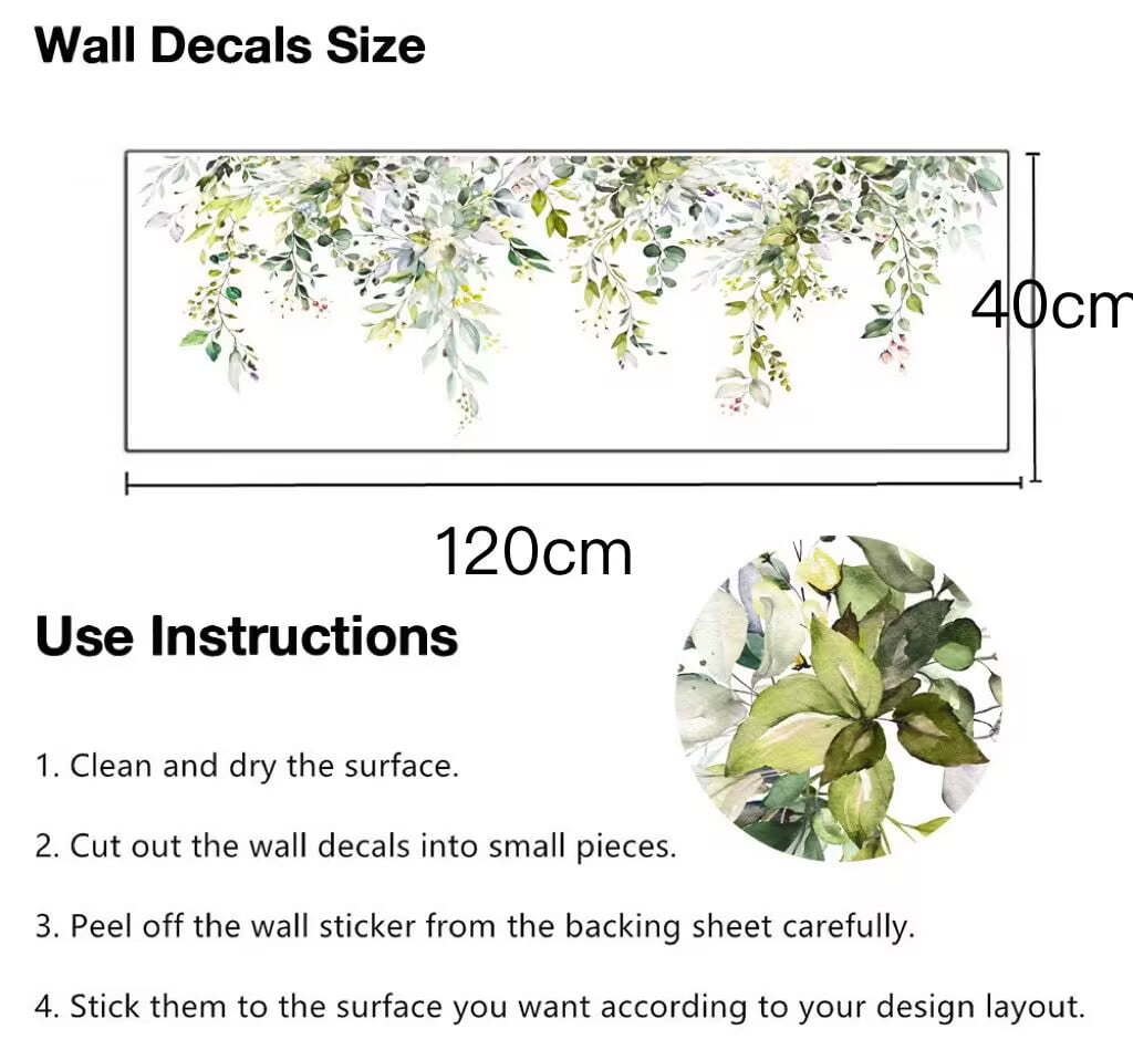 Green Plants Leaves Wall Decals Peel and Stick, Large Floral Flowers Wall Stickers, DIY Removable Vine Home Decor Art for Bedroom Living Room Classroom Office