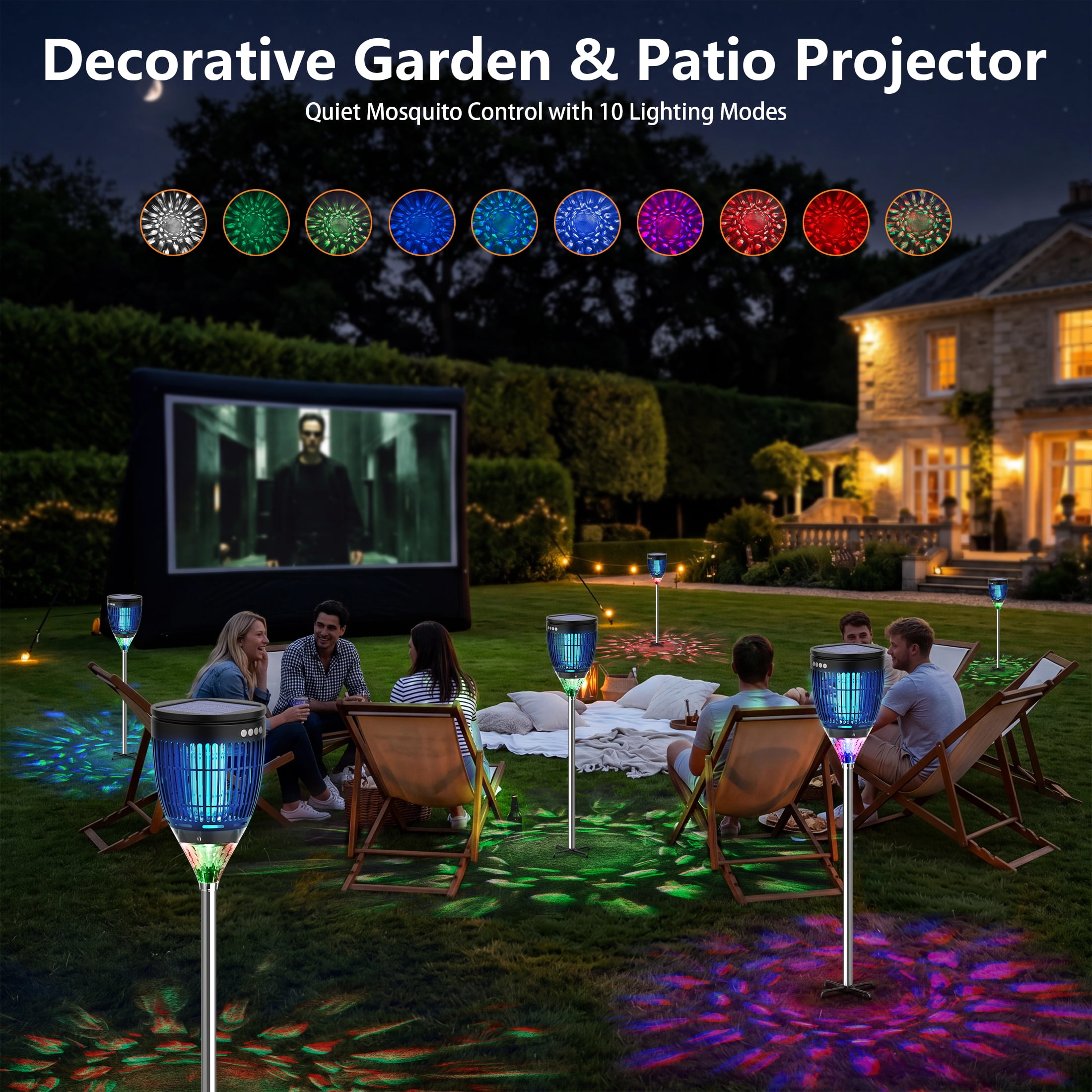 Aukfa Solar Bug Zapper Outdoor, 4200V 3-in-1 Mosquito Zapper, Flame Light & RGB Projector, IPX5