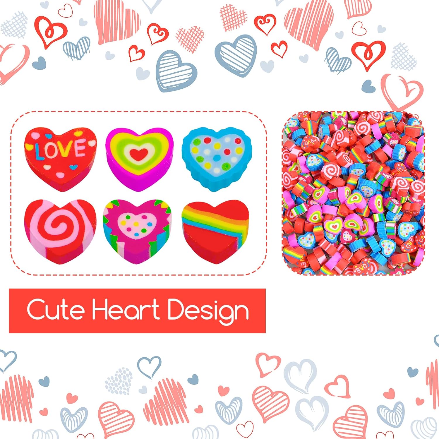 300 Pieces Valentine Heart Mini Erasers Assortment Fun Tiny Novelty Pencil Erasers Bulk for Valentine Day Party Favor