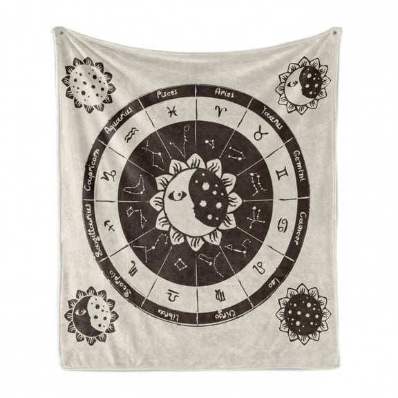 Constellation Soft Flannel Fleece Throw Blanket, Zodiac Signs Circle with Sun and Moon Floral Design Astrology, Cozy Plush for Indoor and Outdoor Use, 70" x 90", Dark Brown Cream, by Ambesonne