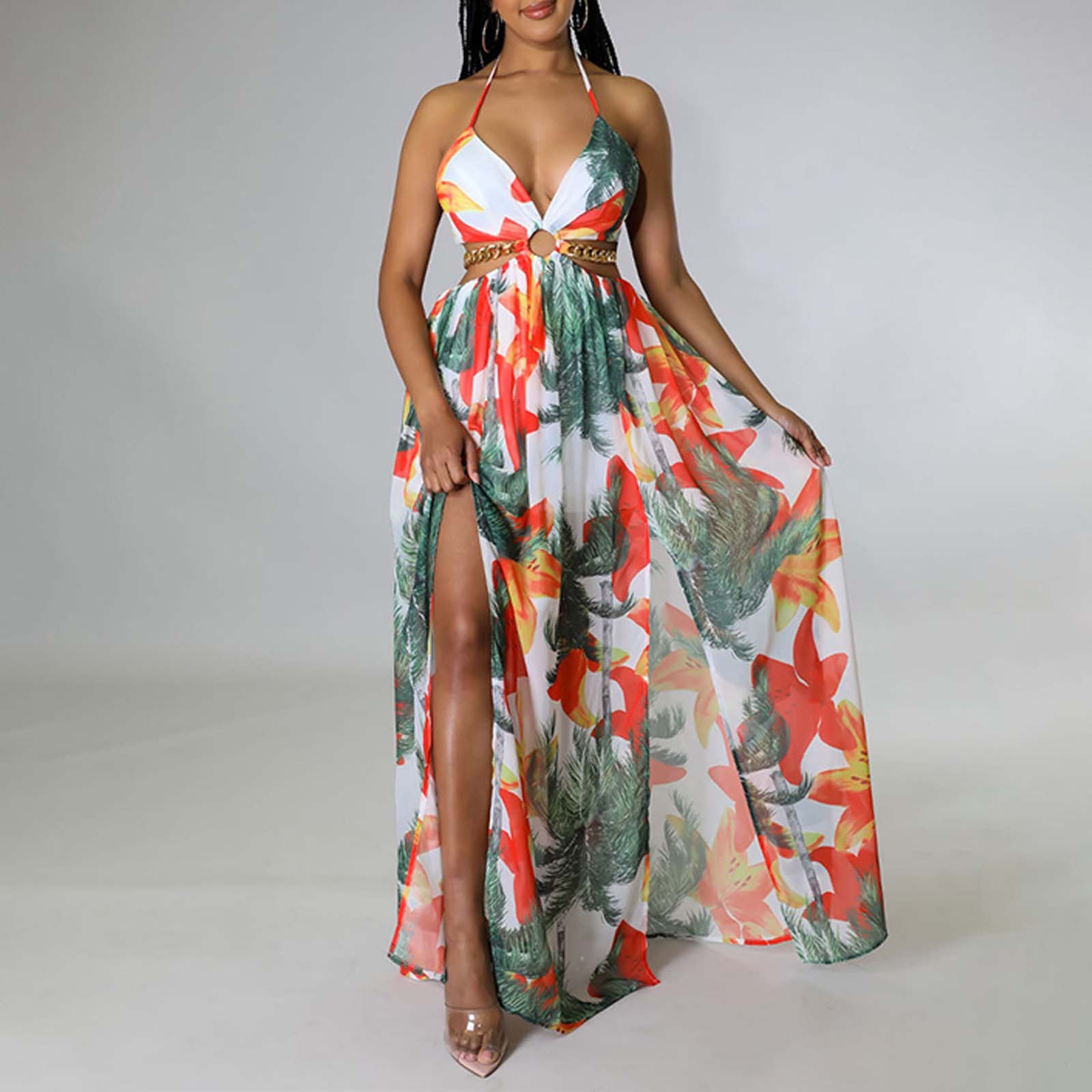 Jamsmile Womens Dress Summer Chic Halterneck Floral Print Spaghetti Strap Maxi Dresses Flowy Beach Party Slit Boho Sundress