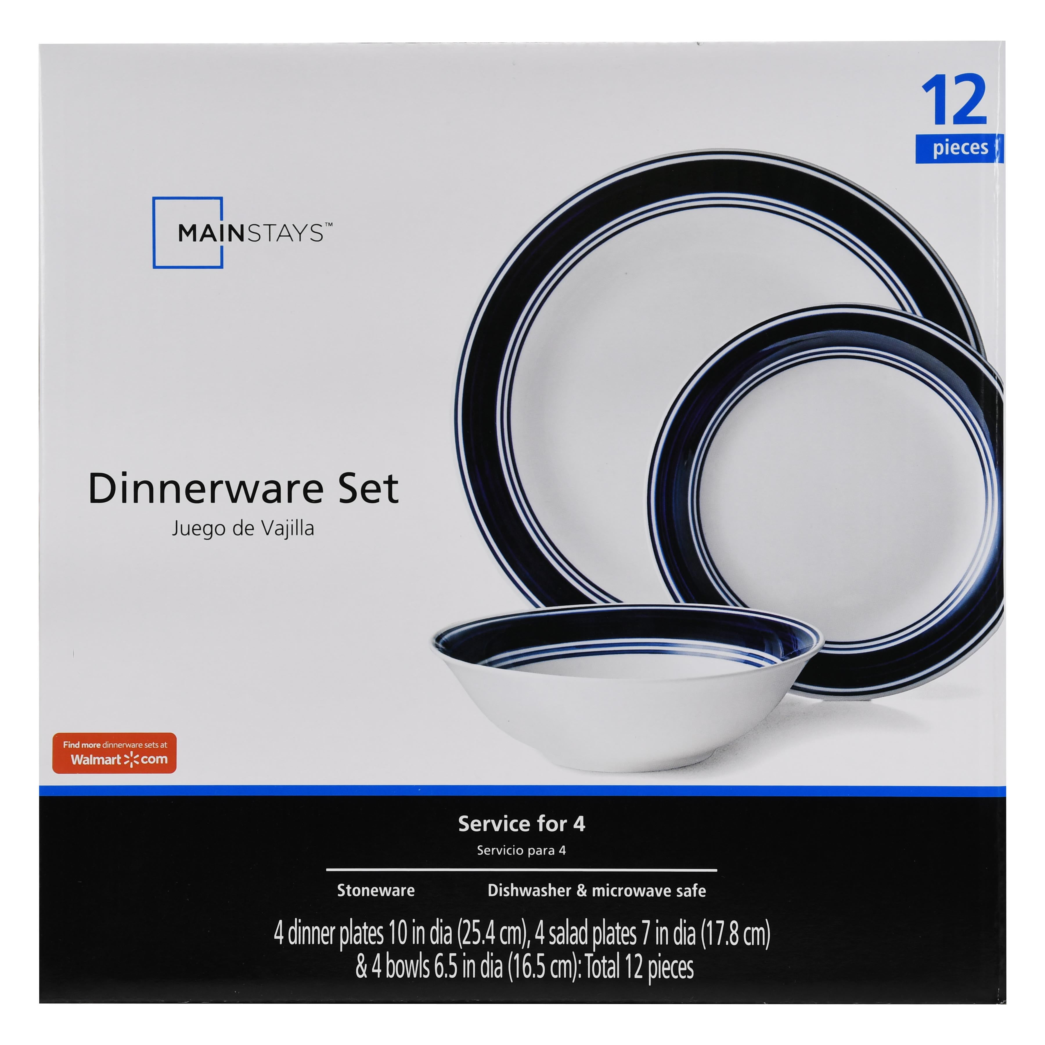 Buy Mainstays Blue Banded 12Piece HandPainted Stoneware Dinnerware