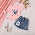 thumbnail image 2 of TOWED22 Girl's Summer 2 Piece Outfits Cute Short Sleeve Bow Print Short Sleeve Tee A Line Denim Skirt Sets(B,3-4 Y), 2 of 4