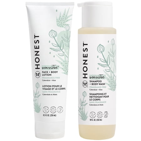 Honest Baby Sensitive Skin Fragrance-Free Care Bundle: Face + Body Lotion 10 fl oz & Shampoo + Body Wash 18 fl oz