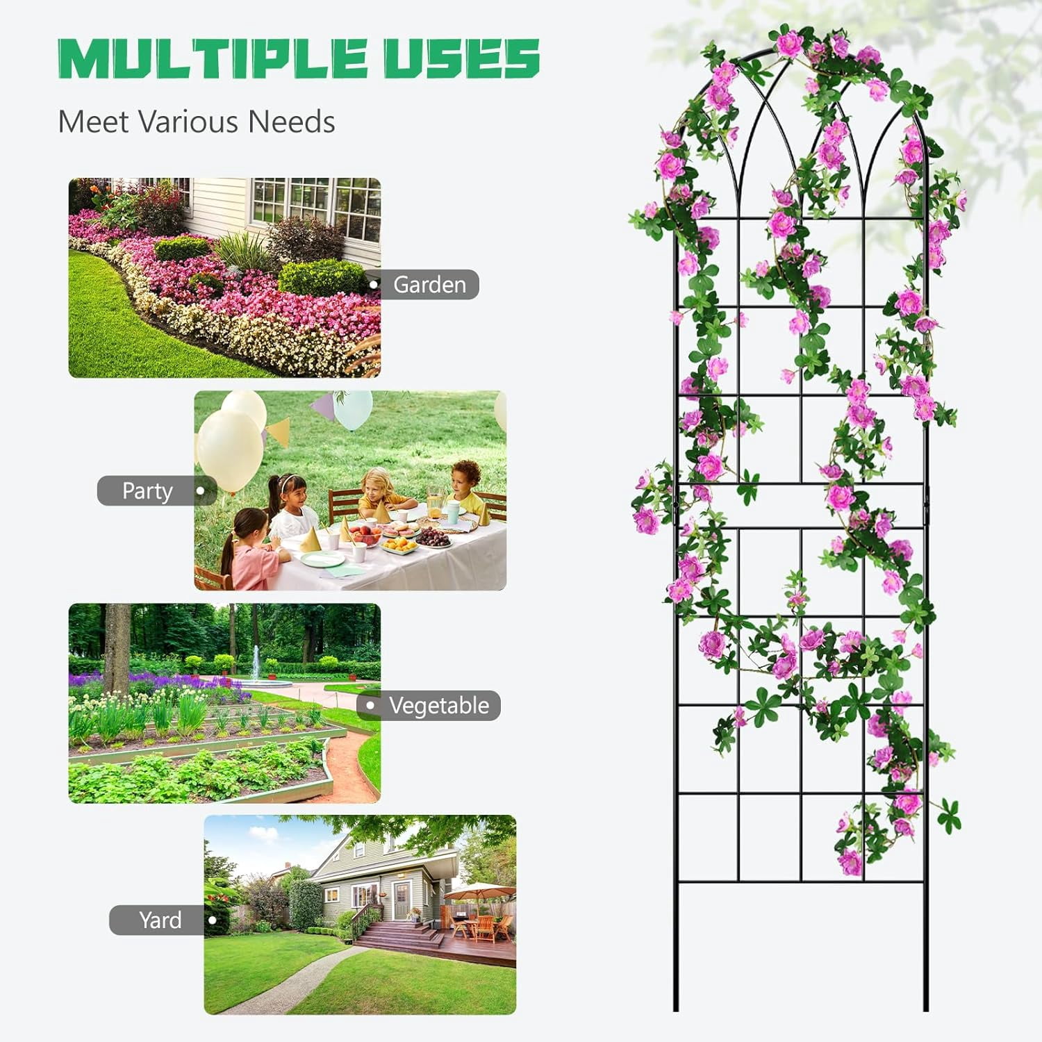 Bronkige 4Pack Metal Garden Trellis for Climbing Plants Outdoor, Metal Plant Trellis for Flowers Tomato Cucumber Rose Vegetable Support Garden Decoration, Green