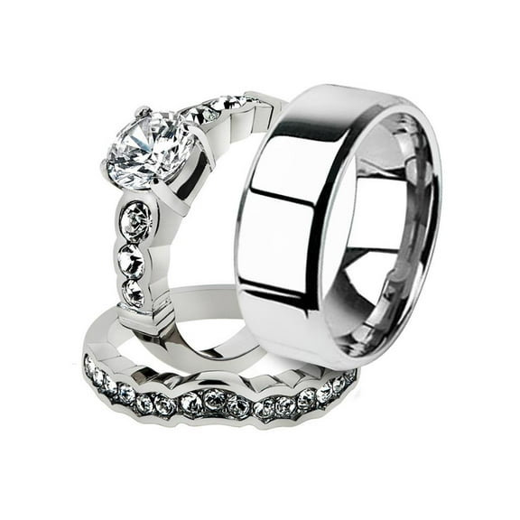 His and Her 3pc Stainless Steel 2.35 Ct Cz Bridal Ring Set and Men Beveled Edge Band Women's Size 10 Men's 06mm Size 12