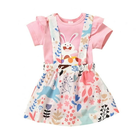 

Lovebay Newborn Baby Girls Outfit Short Sleeve Bunny Print Romper+Suspender Skirt+Headband 3pcs Set 0-18 Months