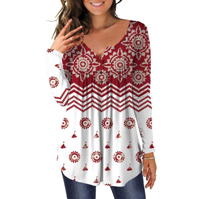 Camiseta de mujer Blusa con cuello en V con estampado floral FleinngHoz JD710495481