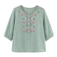 thumbnail image 6 of Women's Embroidered Blouses Summer Round Neck Embroidered Top 3/4 Sleeve Casual Boho Loose Lightweight Daily Shirts by Yigetop Green L, 6 of 7