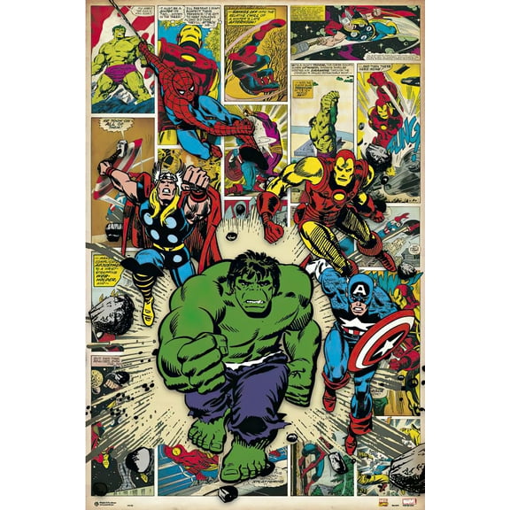 Marvel Comics - Framed Poster (Comic Scenes - Thor & Iron Man & Hulk & Captain America) (Size: 25" X 37") (Black Aluminum Frame)