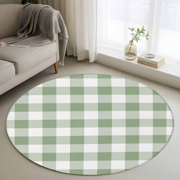 Sage Green Checkered Round Rug 3ft Washable Circle Entryway Rugs Non Slip Farmhouse Buffalo Plaid Area Rug Indoor Floor Carpet for Bedroom Kitchen Living Room Home Office Dining Room Nursery