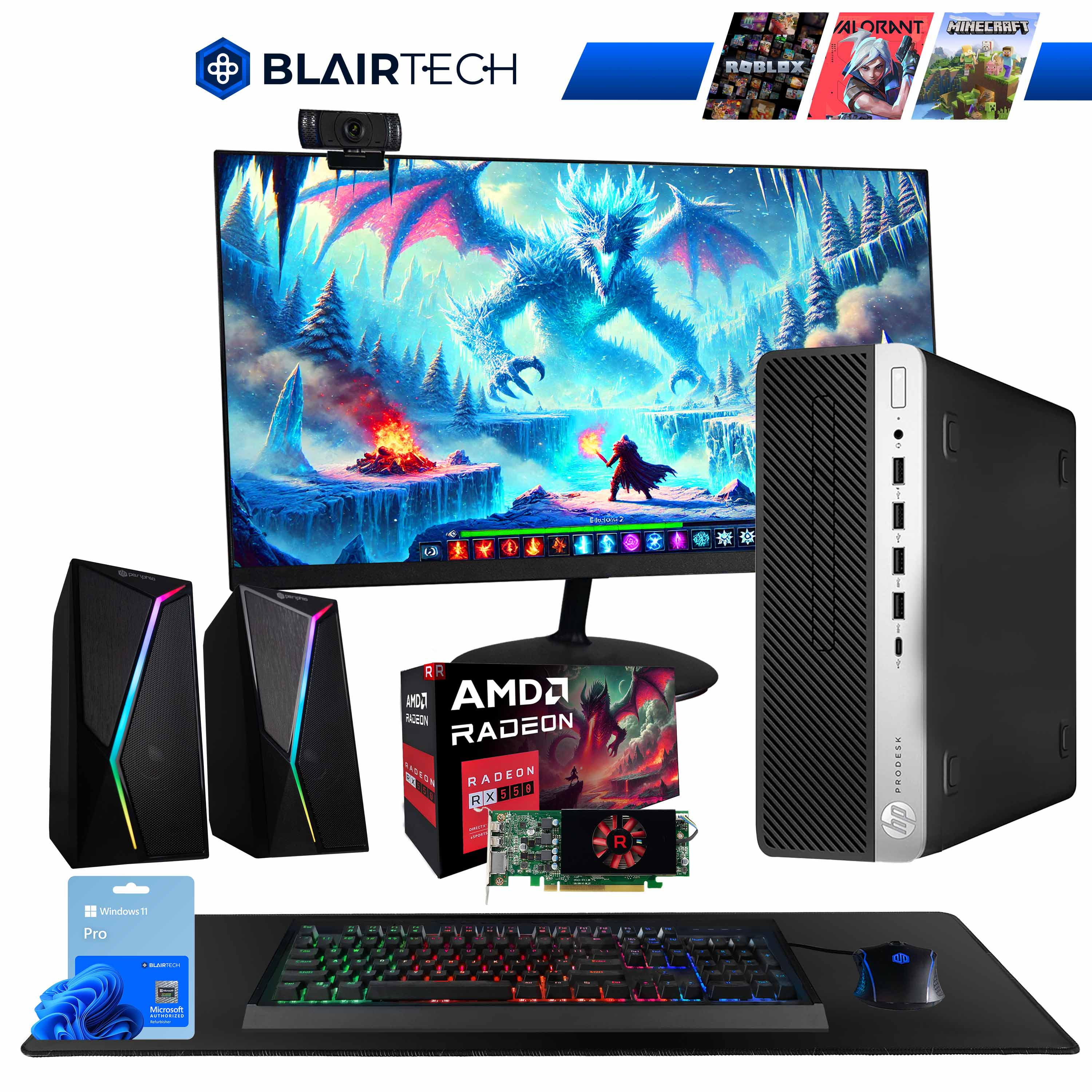 Restored Blair Tech 600G4 PC Gaming Computer Combo - 24" Periphio Gaming Monitor - Periphio RGB Keyboard, Speakers, 2K Webcam, & Mouse (Refurbished)