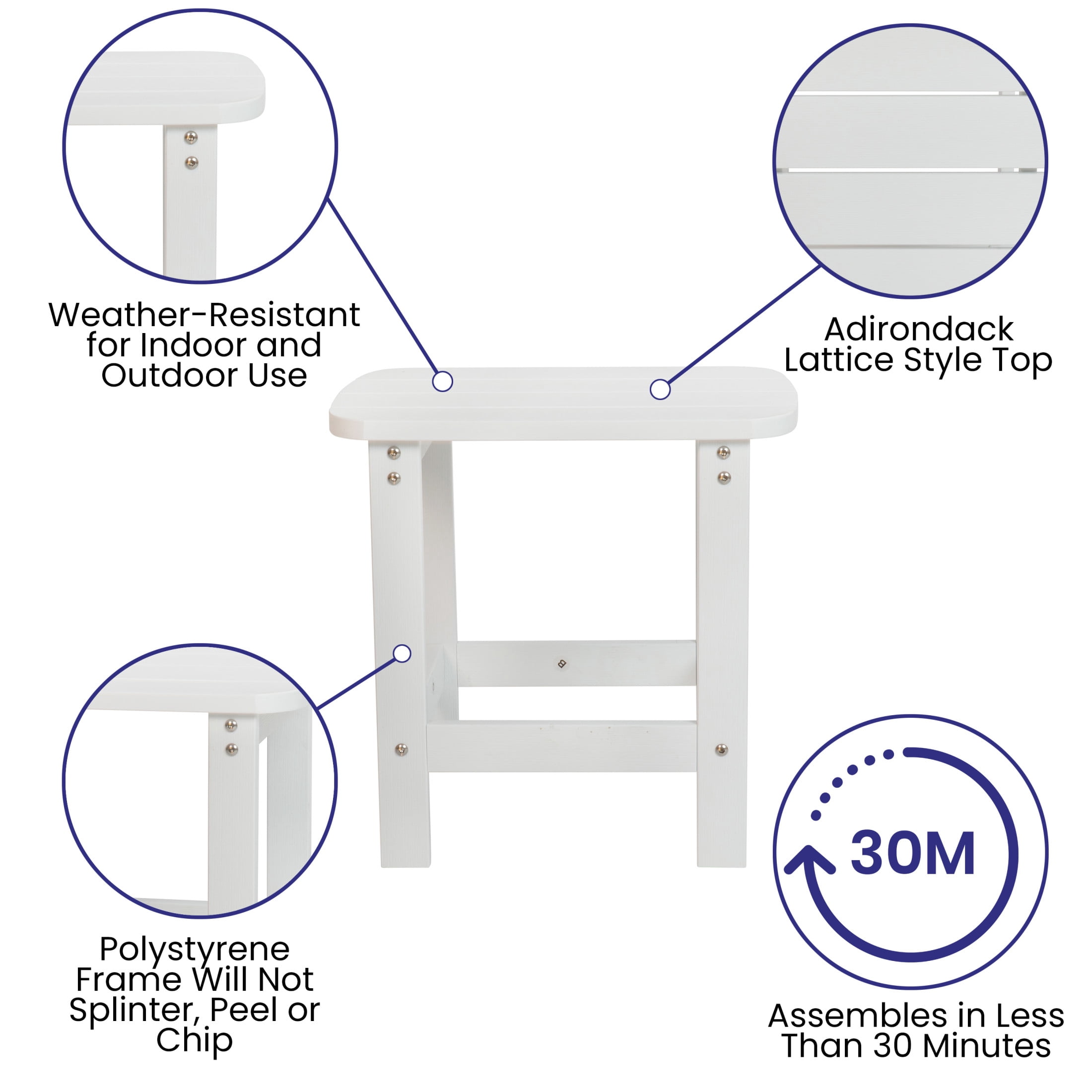 Emma + Oliver Set of 2 Classic All-Weather Poly Resin Rocking Adirondack Chairs in White with Matching Side Table for Year Round Use
