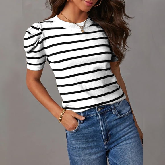 LOVZFMLL Hauts d'Été pour Femmes Manches Courtes Bouffantes Tricot Col Rond Tendance T-Shirts Rayés Blouses Décontractées d'Été