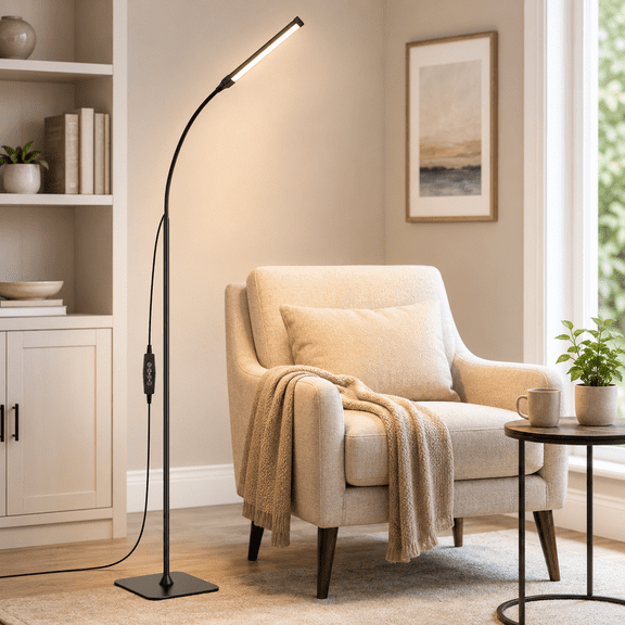 SERBASIC LED Floor Lamp with Remote Control, 3 Color Temperature Brightness Dimmable Gooseneck Standing Lamp Height Adjustable with Timer for Living Room Bedroom Reading Office