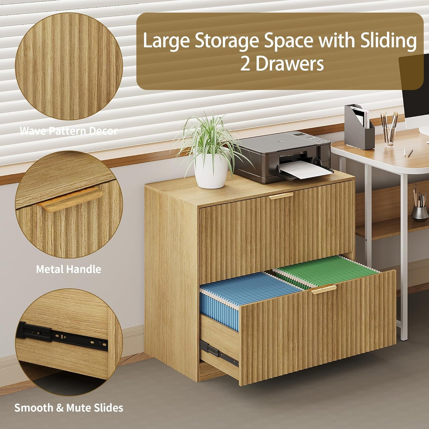 Pusnapku 2 Drawers File Cabinet, Modern 31" Printer Stand, Fluted Home Office Filing Cabinet with Adjustable Hanging Rails, for Legal/Letter/A4 Size