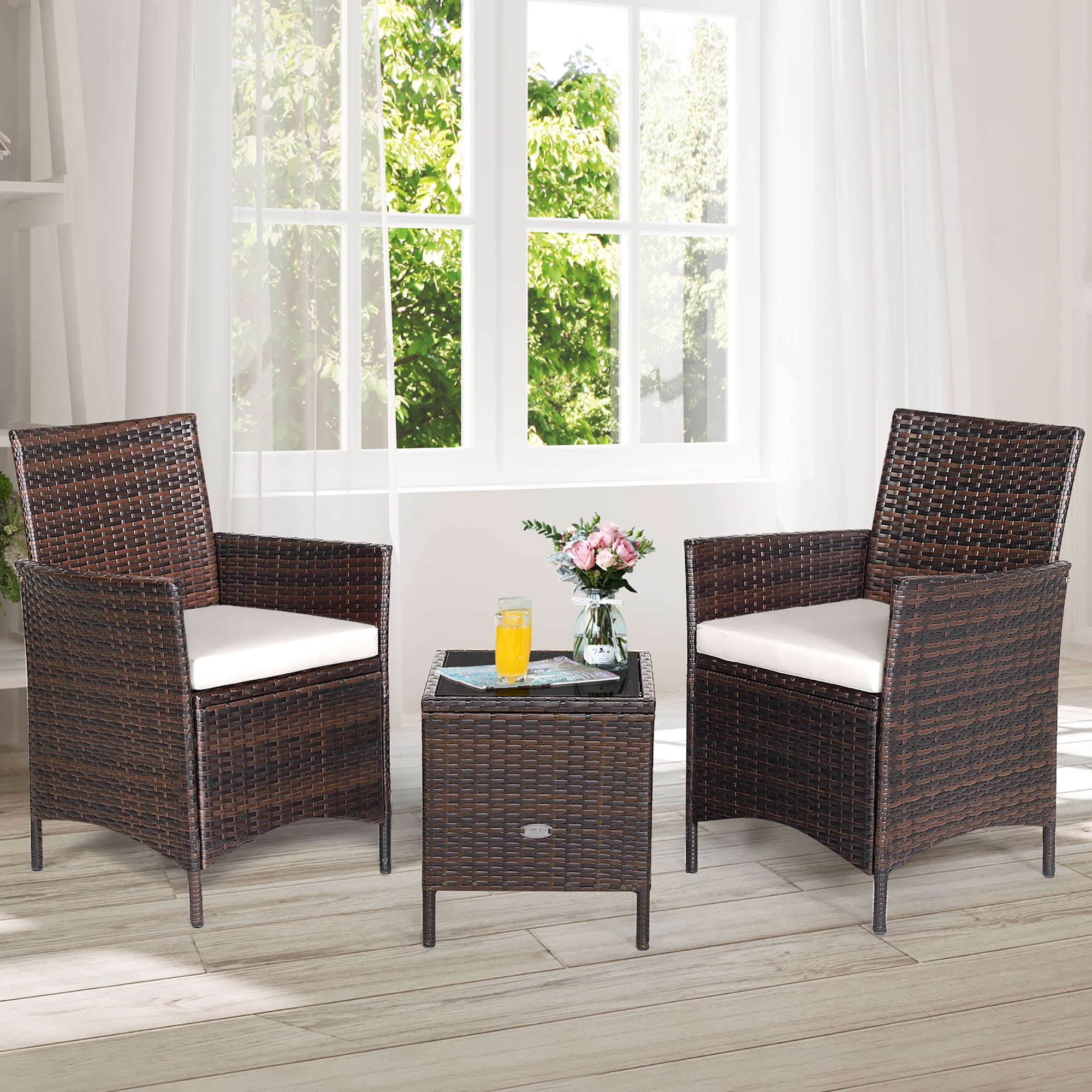 Costway 3PCS Patio Rattan Furniture Set Cushioned Sofa Glass Tabletop White