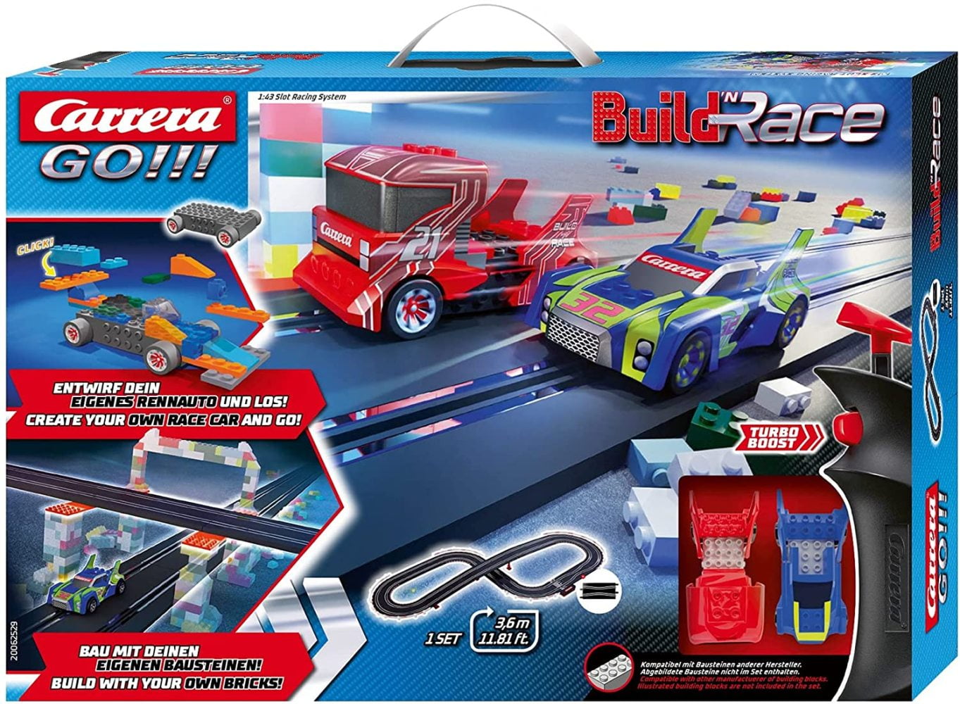 Carrera GO!!! Build N Race 62529 Racing Set  Electric Powered Slot Car  Racing Kids Toy Blocks Race Track Set Includes 2 Hand Controllers and 2  Cars in 1:43 Scale 