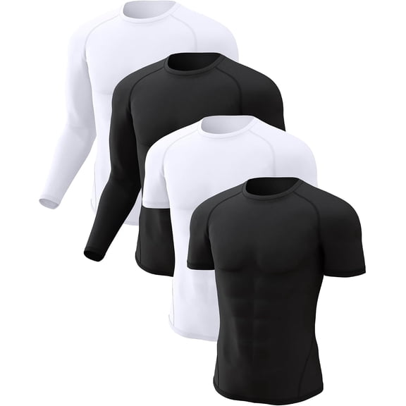 4 Pack Men's Compression Shirts Long Short Sleeve Rash Guard Workout Top, White, Small