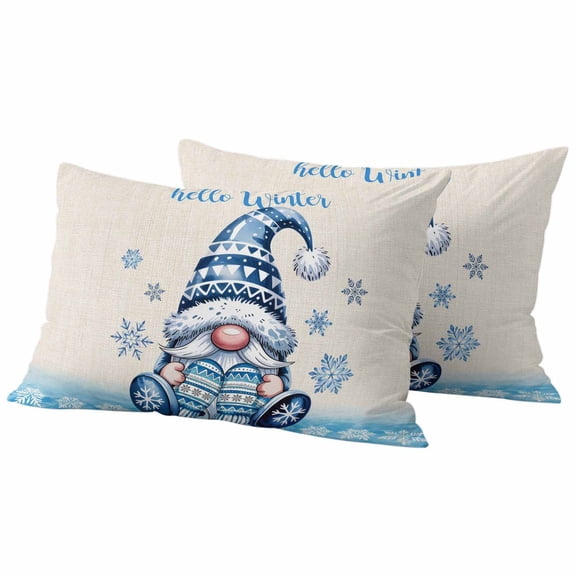 Lumbar Pillow Covers 12 x 20 Inches, Blue Gnomes Christmas Waterproof Throw Pillow Cover Set of 2, Xmas Snowflake Hello Winter Decorative Rectangle Cushion Covers for Patio/Tent/Couch/Garden