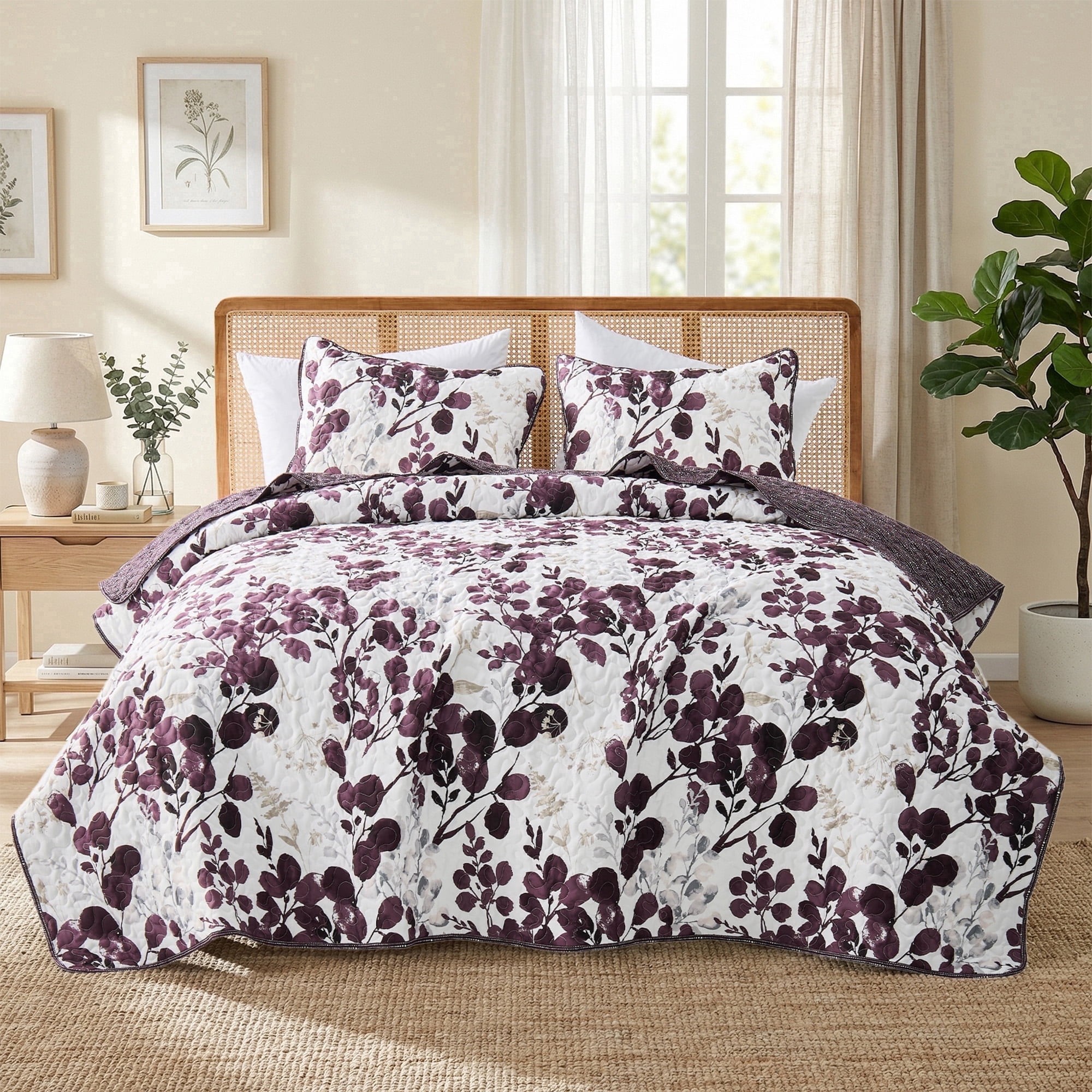 Regency Heights Full/Queen Botanical Quilt Set, 3-Piece Reversible Floral Summer Quilt Coverlet Bedding Set, Plum Quilted Bedspread with Shams for All Season
