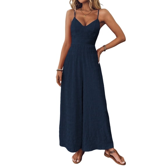 Womens Elegant Strap Wide Leg Jumpsuit Suspenders Overalls Chic Casual Style Navy Blue S