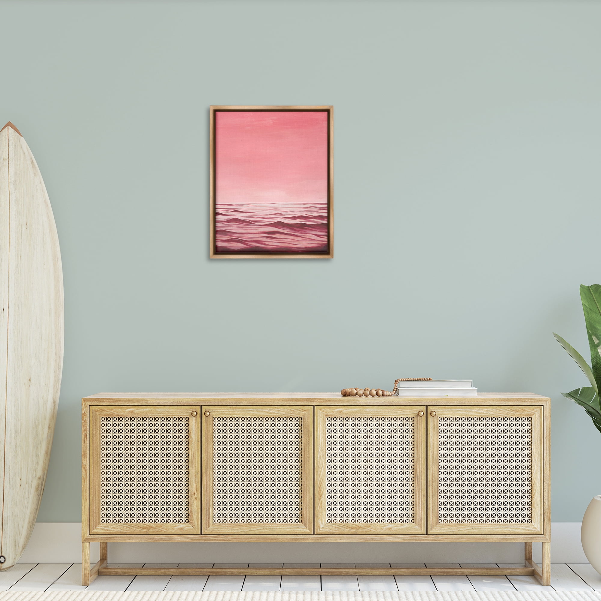 Stupell Industries Pink Sea Waves Coastal Painting Brown Floater Framed Canvas Art Print Wall Art, 25 x 31