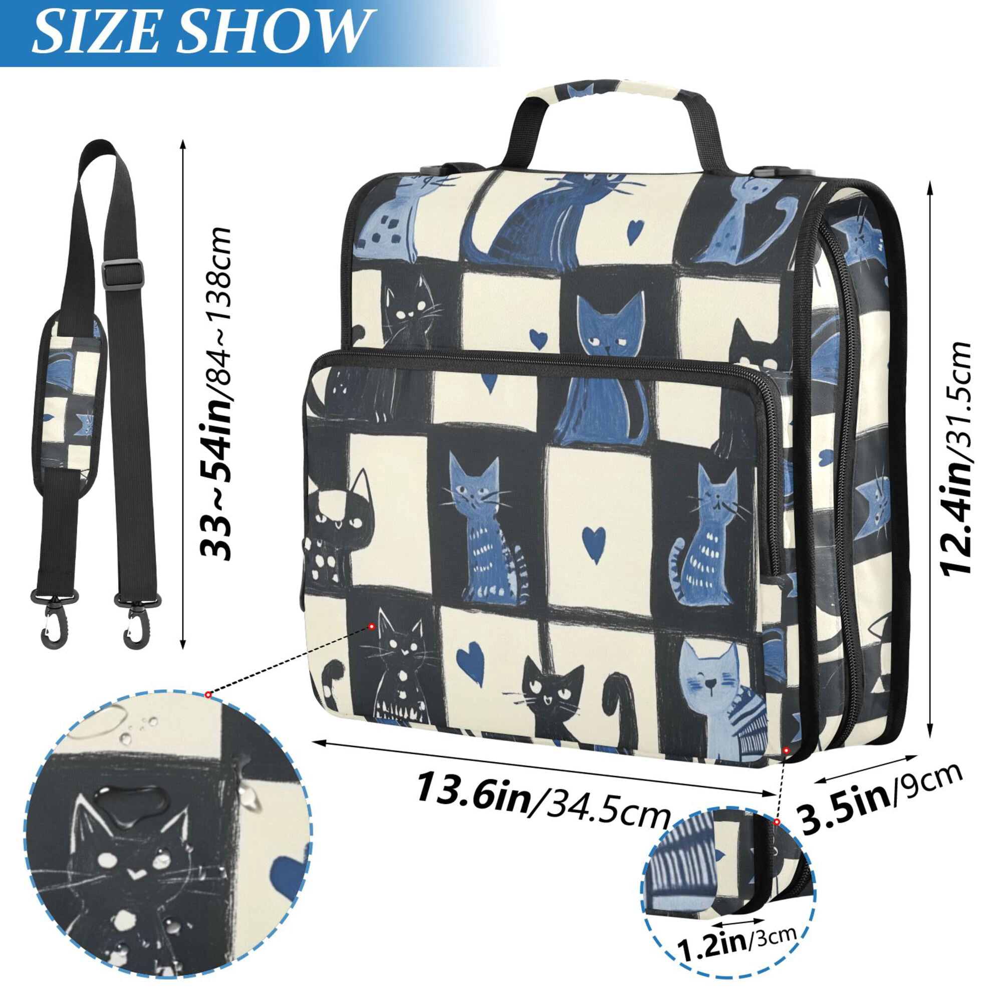 FORMRS Zipper Binder with Shoulder Strap 2-inch Ring 500 Sheet Capacity File Bag, Black and Blue Cat