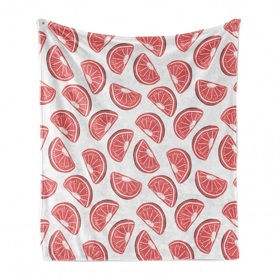 Summer Soft Flannel Fleece Throw Blanket, Grapefruit and Exotic Fruits Doodle Freshness of Summer Season Tropical, Cozy Plush for Indoor and Outdoor Use, 50" x 70", Dark Coral and White, by Ambesonne