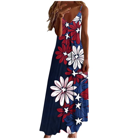 Erwazi Summer Dresses for Women 4th Of July Printed Crew Neck Sleeveless Ankle Length Dress Celebrations Outdoor Parties Activities Casual Dresses
