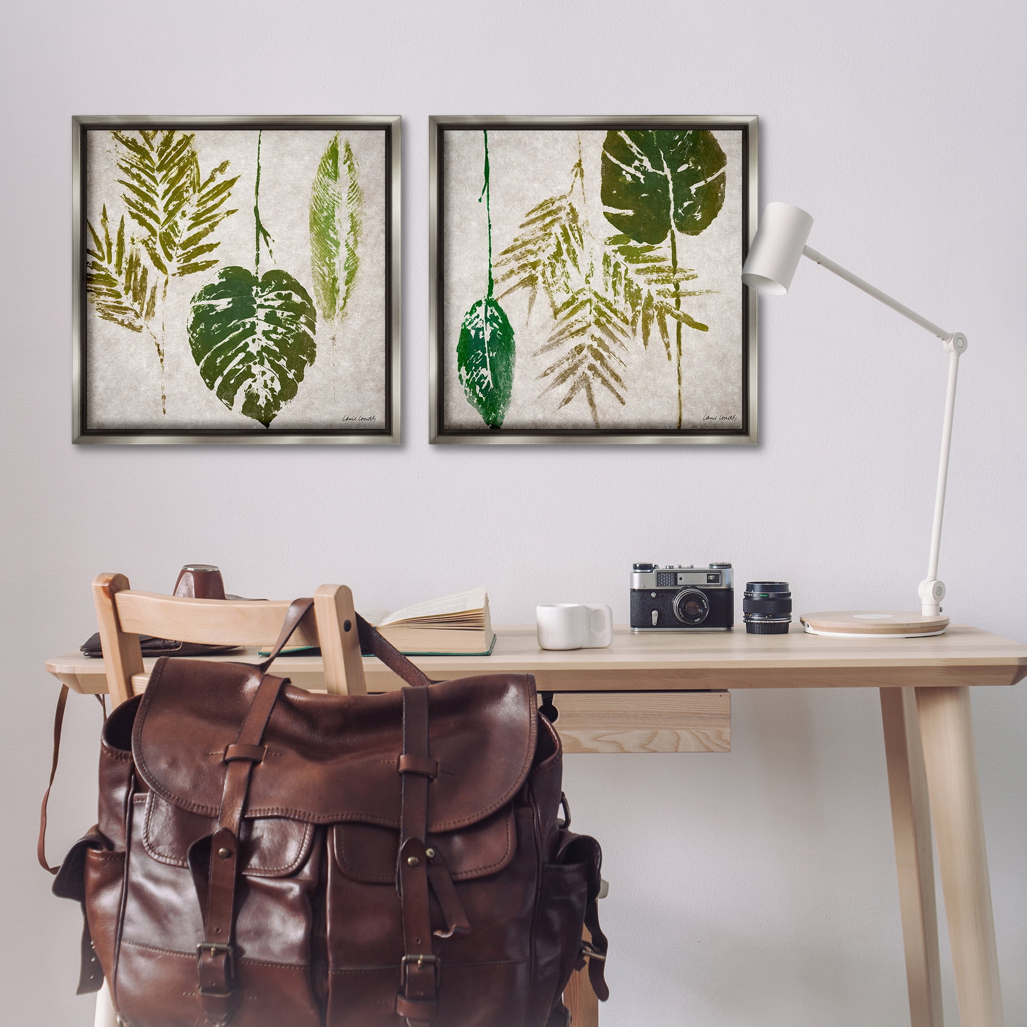 Stupell Industries Monstera Stamped Palm Leaves Plants & Flowers Painting Gray Floater Framed Canvas Art Print Wall Art, 25 x 25, Set of 2