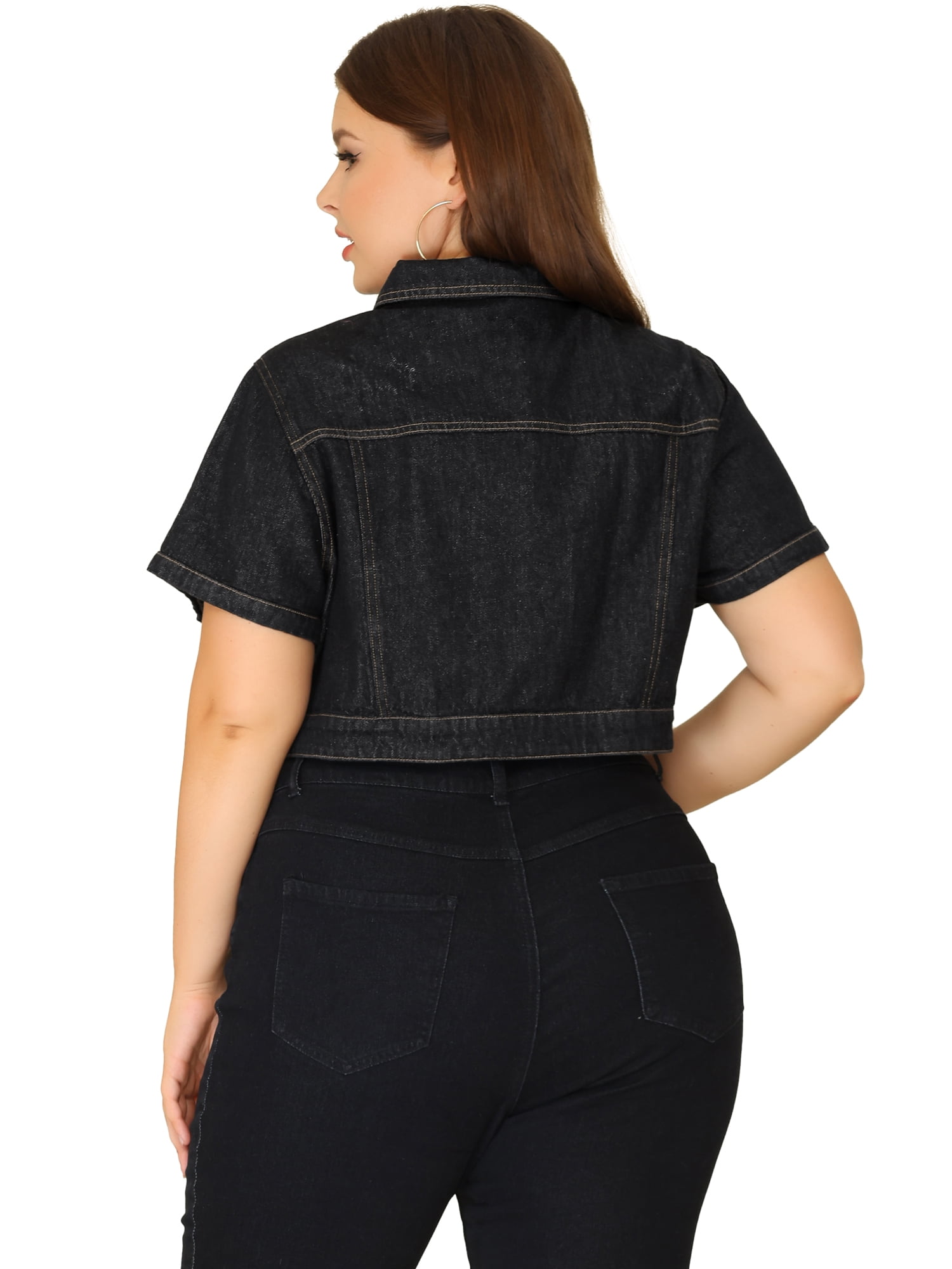DARING DIVA Women's Plus Size Short Sleeves Button Down Jean Jacket 5X Black