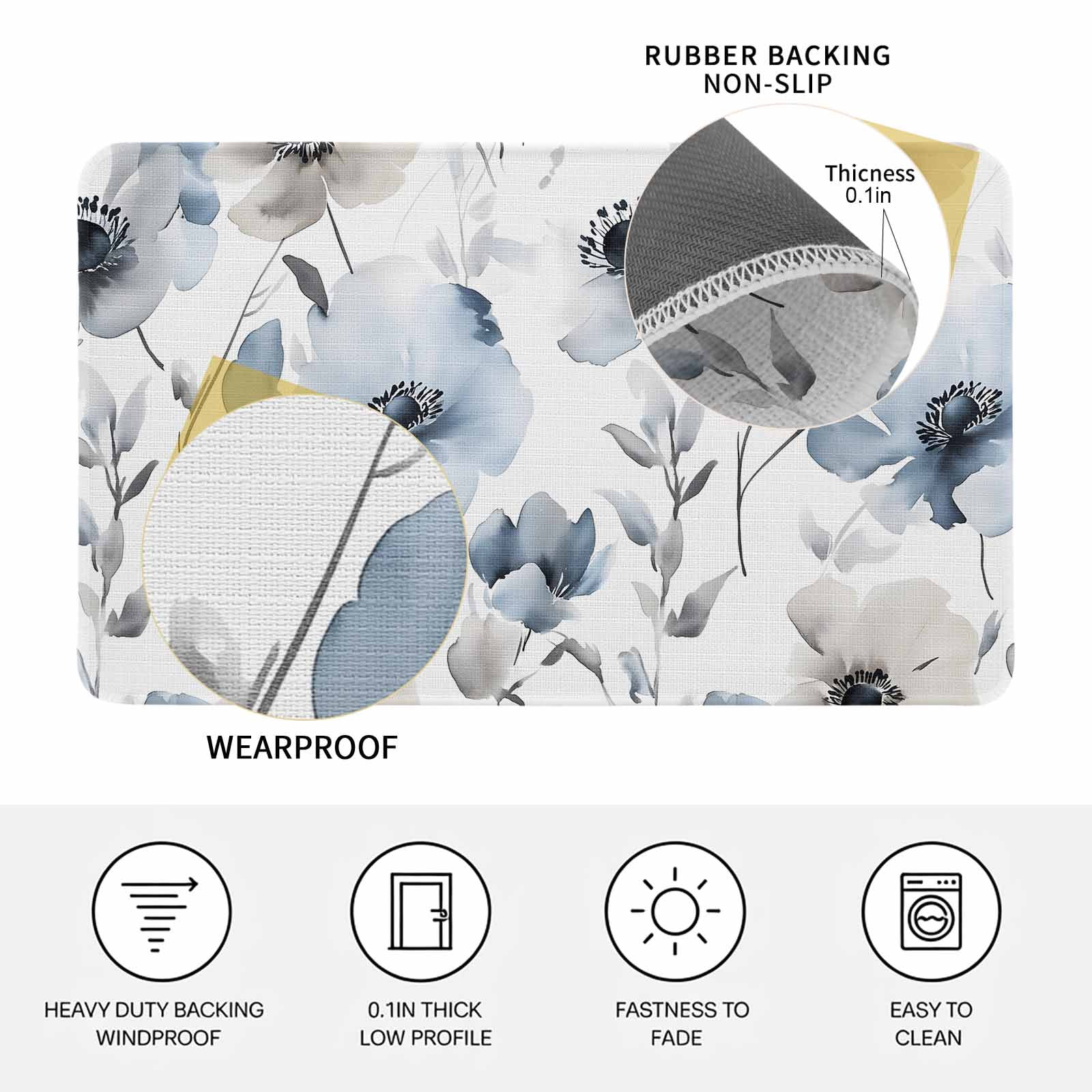 Blue Grey Spring Floral Doormat Outdoor Entrance 16"x24", Elegant Summer Botanical Absorb Moisture Dirt Door Mats, Non-Slip Rubber Backing Floor Mats Indoor, Low-Profile Front Door Rugs