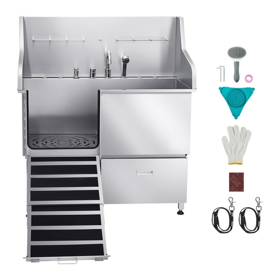 KFFKFF Stainless Steel Pet Washing Station, 50-inch Grooming Tub with Ramp, Faucet, Showerhead, Soap Holder, and Leash for Pets of Various Sizes (Left Door)