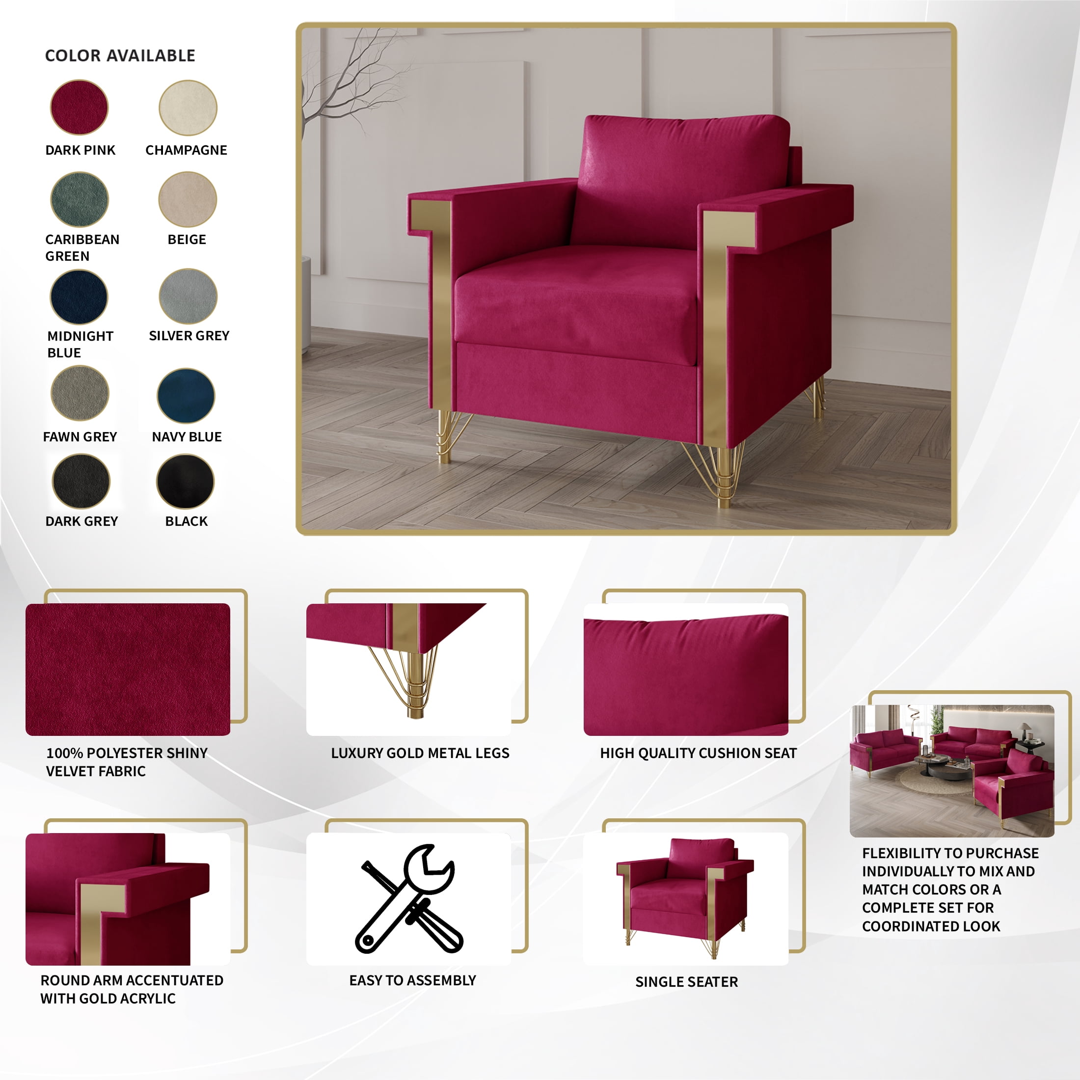 Castle Place Comtemporary Glam Velvet Upholstered Armchair, Champagne