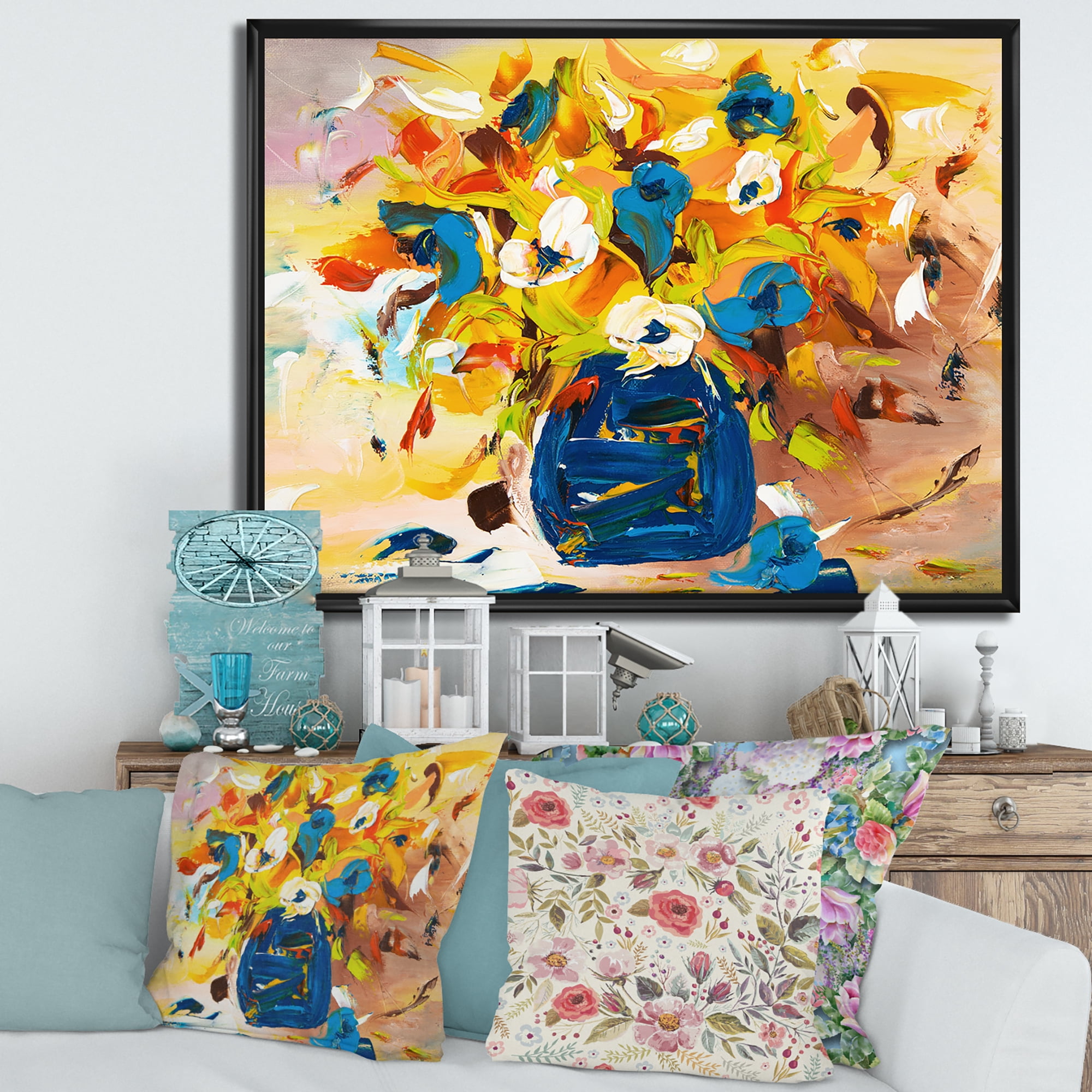 Designart 'A VIbrant Flower Bouquet In Blue and Yellow' Traditional Framed Canvas Wall Art Print