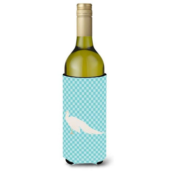 Carolines Treasures BB8100LITERK White Peacock Peafowl Blue Check Wine Bottle Beverge Insulator Hugger